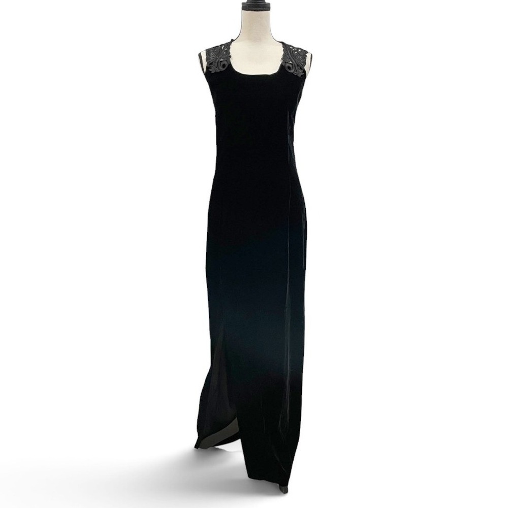 Vintage 90s Scott McClintock Black Velvet Lace Back Maxi Dress Sz 12 Goth Formal